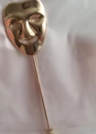Брошь брошка металлическая игла театр театральная маска лицо золотистая3 фото
