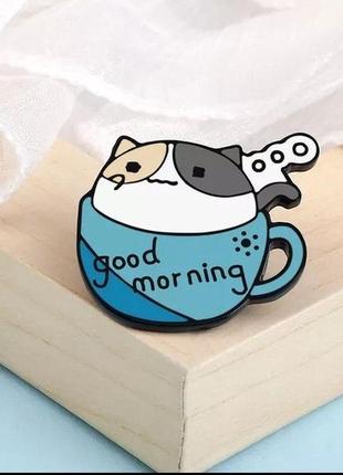 Брошь брошка пин значок металл кот кошка чашка кружка good morning