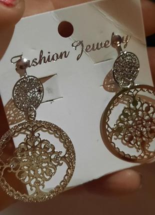 Серебристые ажурные красивые клипсы (без прокола) серьги сережки пр-во корея