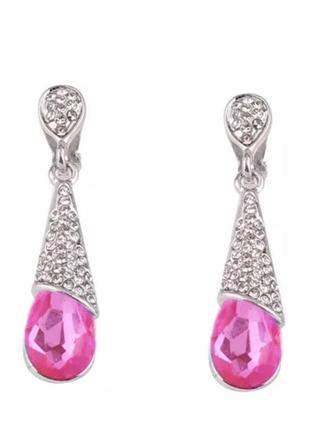 Красиво клипсы серьги длинные (без прокола) капля серебристый металл ярко розовый камень пр-во корея