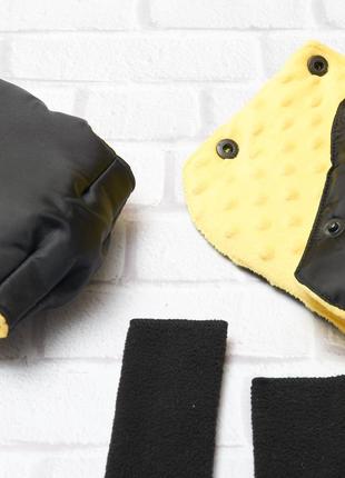 Муфта рукавички роздільні, на коляску / санки, універсальна, для рук, жовтий плюш (колір - чорний)2 фото