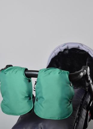 Муфта рукавички роздільні, на коляску / санки, універсальна, для рук, чорний фліс (колір - зелений)