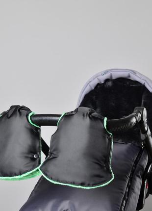 Муфта рукавички роздільні, на коляску / санки, універсальна, для рук, зелений плюш мінкі (колір - чорний)2 фото