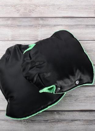 Муфта рукавички роздільні, на коляску / санки, універсальна, для рук, зелений плюш мінкі (колір - чорний)3 фото