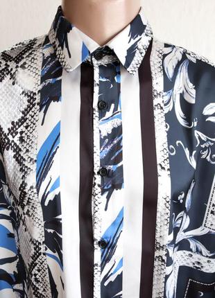 Брендовая крутая белая мужская рубашка принт полупрозрачная +галстук длинный рукав river island l 482 фото