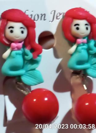 Детские клипсы серьги сережки (без прокола) для принцессы девочка русалочка подвеска бусинка