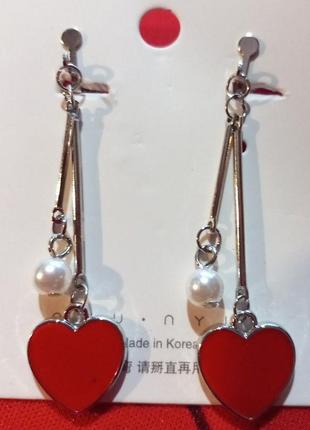 Довгі кліпси сережки сережки (без проколювання) серце червоне та перли