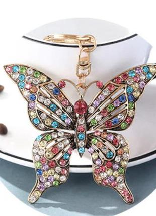 Крупный брелок на сумку металл и камни бабочка( 8см) цветные переливные разноцветные
