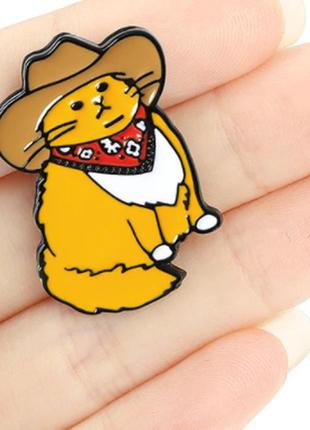 Брошь брошка пин значок металл толстый кот рыжий ковбой в шляпе как шериф