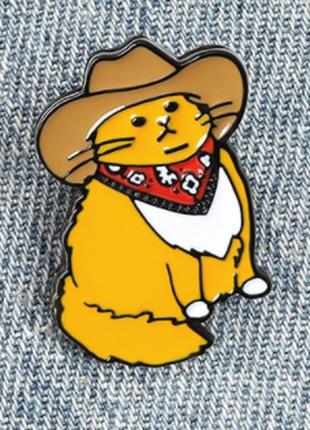 Брошь брошка пин значок металл толстый кот рыжий ковбой в шляпе как шериф