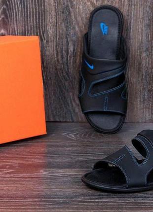 Летние мужские кожаные шлепанцы/шлепки nike черные спортивные из натуральной кожи на лето *35 черн/син шл*3 фото