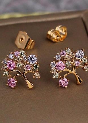 Серьги гвоздики xuping jewelry деревья с разноцветными камнями 1,3 см золотистые2 фото