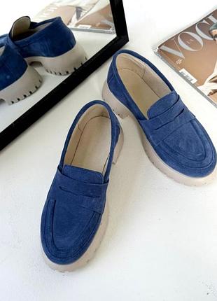 Лофери з натуральної замші жіночі денім сині джинс