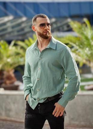 Мужская летняя льняная рубашка оверсайз с длинным рукавом из дышащей ткани6 фото