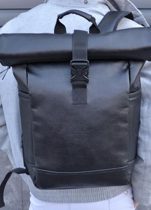 Экокожа рюкзак ролл-топ женский мужской с секцией для ноутбука модель 9741 цвет черный