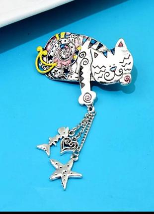 Крупная брошь брошка кошка кот серебристый металл подвесная рыбка звездочка