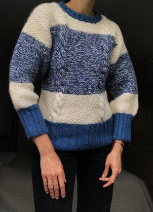 Винтажный шерстяной свитер крупной вязки с косами handmade