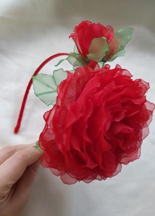 Шикарный обруч красная роза, ободок з трояндою, веночек з розами, цветы из шифона2 фото