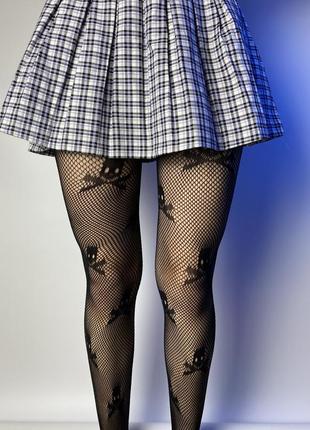 Колготы в сеточку с черепами | черные колготы с черепами