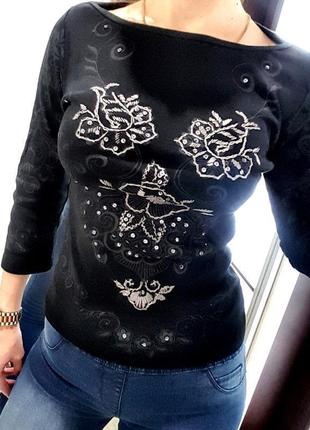 Реглан жіночий чорний s з візерунком вишивка паєтки светр ошатний6 фото