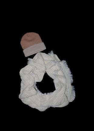 Лот набір комплект хомут шарф білий з візерунком і шапка пудрова2 фото