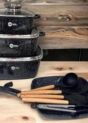 Набір квадратного посуду з гранітним антипригарним покриттям 14 предметів higher kitchen hk-317 чорний1 фото