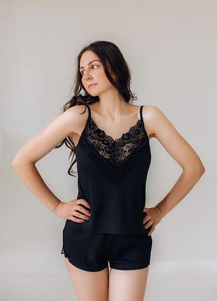 Женский комплект для сна, пижама,  «скромність» (майка+шорти) черный