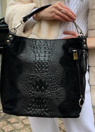 Сумка кожаная женская черная мягкая под рептилию замшевая вместительная мешок италия