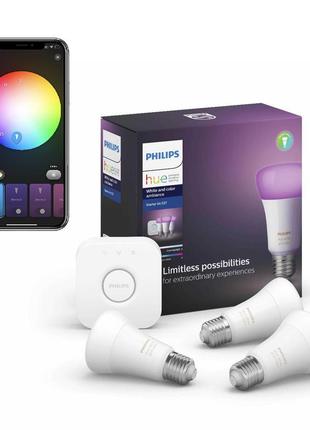 Стартовий комплект philips hue color e27 806лм 60вт 3 шт. + бл...