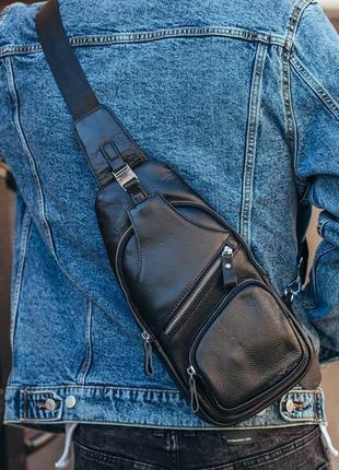 Шкіряна чорна чоловіча сумка-слінг шкіряна tiding bag - mk-963036 фото