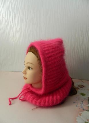 Вязаный капор ангора насыщенного розового цвета  тёплая шапка-капюшон фуксия6 фото