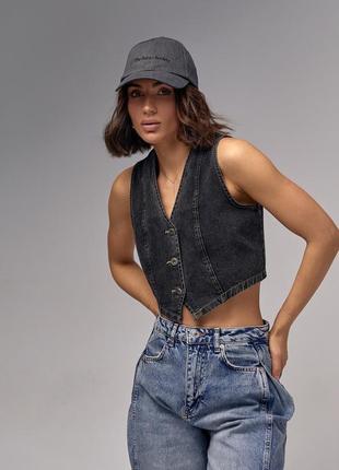 Женский джинсовый жилет на пуговицах - черный цвет, l (есть размеры)8 фото
