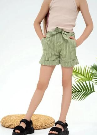 Хлопковые шорты цвета хаки в горошек, стиль: повседневный, материал: коттон, размер: 128