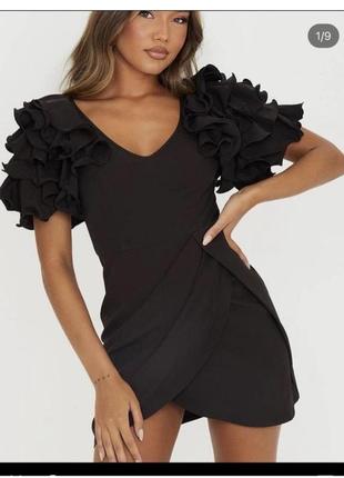 Платье из декольте пышный рукав лепестки черное мини платье1 фото