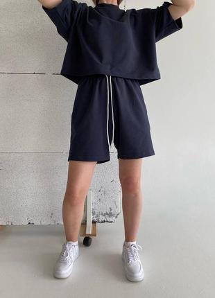 Серый графит женский летний костюм шорты футболка оверсайз свободного кроя женский прогулочный повседневный костюм с шортами двунитка1 фото