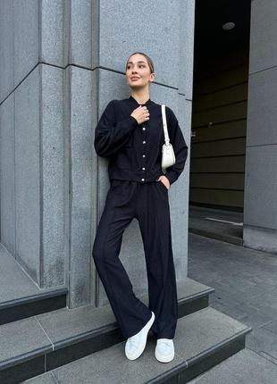 Черный женский брючный костюм широкие брюки палаццо бомбер кофта на кнопках женский прогулочный повседневный костюм свободного кроя1 фото