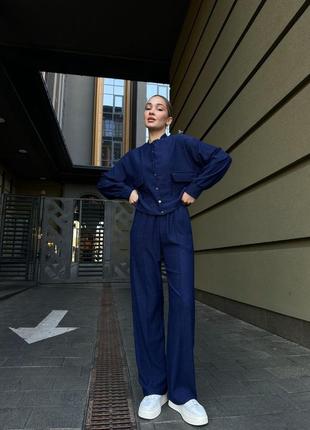 Синий женский брючный костюм широкие брюки палаццо бомбер кофта на кнопках женский прогулочный повседневный костюм свободного кроя6 фото