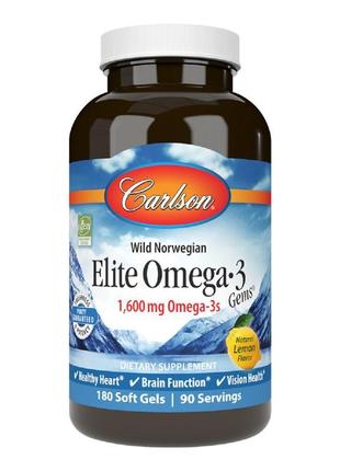 Омега-3, смак лимона, elite omega-3 gems, carlson, 180 желатин...