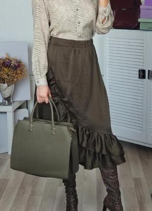 Шикарная шелковая юбка нарядная миди высокая посадка с оборками3 фото