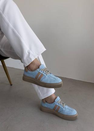 Блакитні жіночі кросівки кеди з натуральної замші на потовщенній підошві замшеві кеди кросівки6 фото