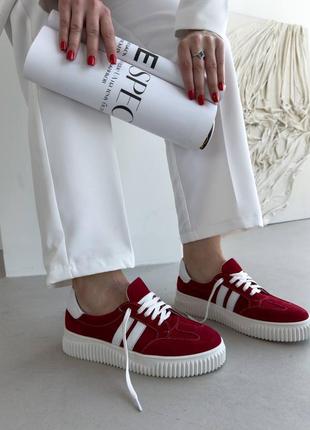 Червоні бордові жіночі кросівки кеди з натуральної замші на потовщенній підошві замшеві кеди кросівки5 фото