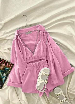 🌈3! шикарный костюм тройка муслин женский муслин женский розовый топ шорты рубашка тройка