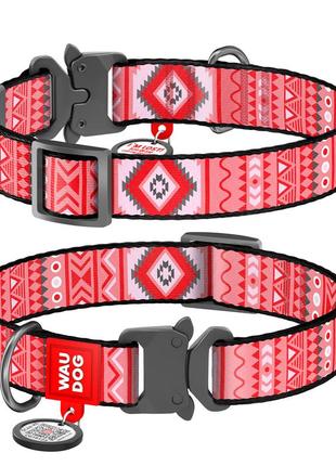 Ошейник для собак нейлоновый waudog nylon c qr паспортом, рисунок "этно красный", металлическая пряжка-фастекс, ш 20 мм, дл 28-40