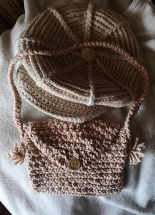 Кепка+сумочка-кошелек крупная вязка беж next