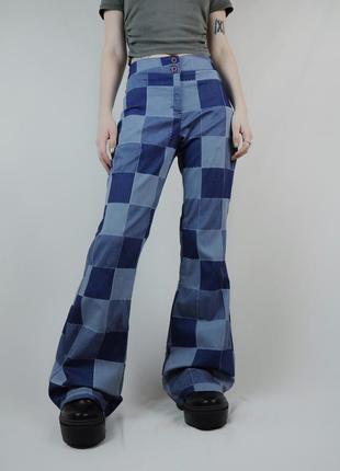 Джинсы клеш пэчворк  брюки штаны палаццо расклешенные широкие винтаж винтажные лоскутки синие голубые ретро patchwork кюлоты