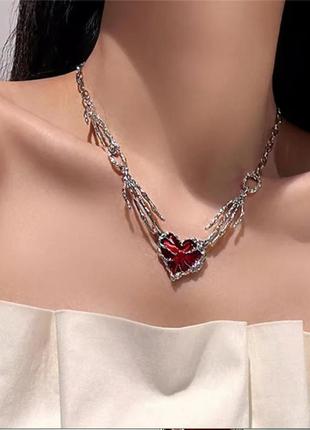 Колье ожерелье сердце с руками скелета, готика, рок, хэллоуин, 1076