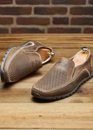 Мужские летние бежевые удобные туфли мокасины кожа перфорация,натуральная перфорированная кожа на лето3 фото
