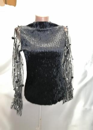 Красивая велюровая кофточка стрейч с прозрачными рукавами сетка вышивка бубоны