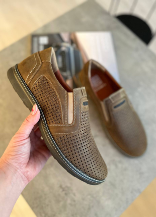 Летние оливковые мужские дышащие туфли кожаные с перфорацией,натуральная кожа-мужская...