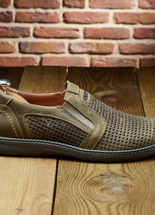 Летние оливковые мужские дышащие туфли кожаные с перфорацией,натуральная кожа-мужская...